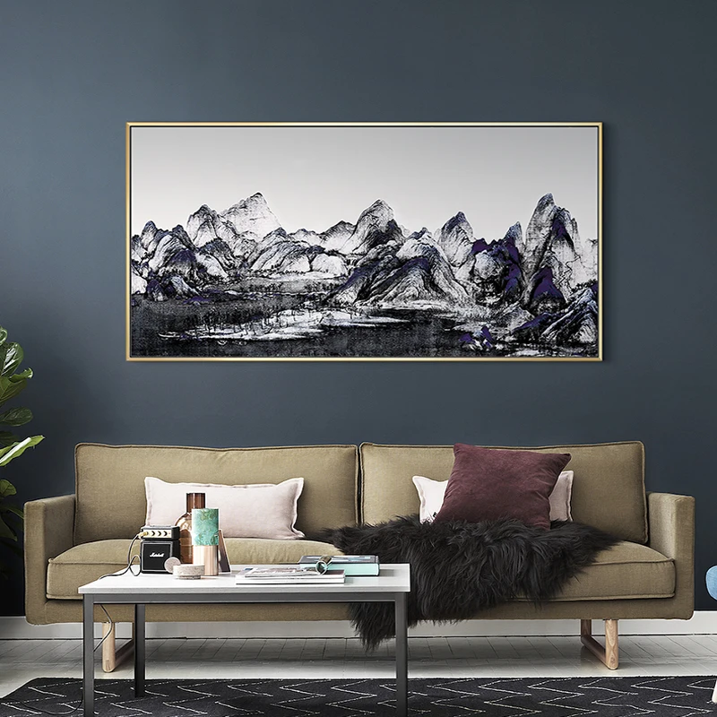 Китайский стиль холст живопись большая картина для гостиной синий роскошный