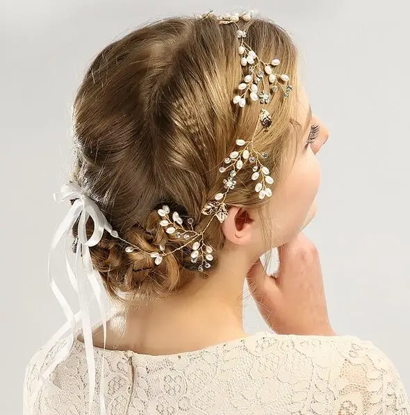 Свадебный обруч для волос с золотыми листьями проводные хрустальные стразы