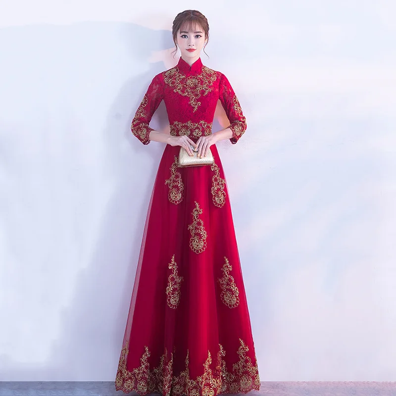 

Red Embroidery Evening Dress Long Cheongsam Party Dresses Modern Lace Princess Chinese Traditional Wedding Cheongsam Qipao Gown