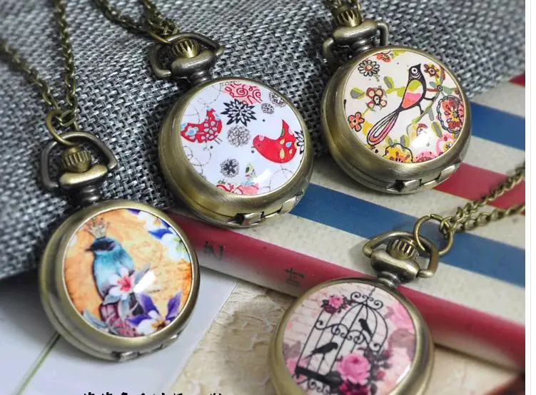 

New seyle bronze enamel Flowers, birds pattern pendant necklace pocket watch Best Gift for Kid Women wholesale