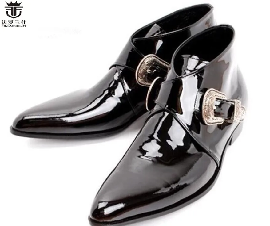 baratas 2020 Fr. Lancelot Europeu Cavalheiro Sapatos De Couro Dos Homens De Negócios Sapatos De Couro Masculinos Casamento/festa Sapatos Ponto Dedo Do Pé Apartamentos Fivela