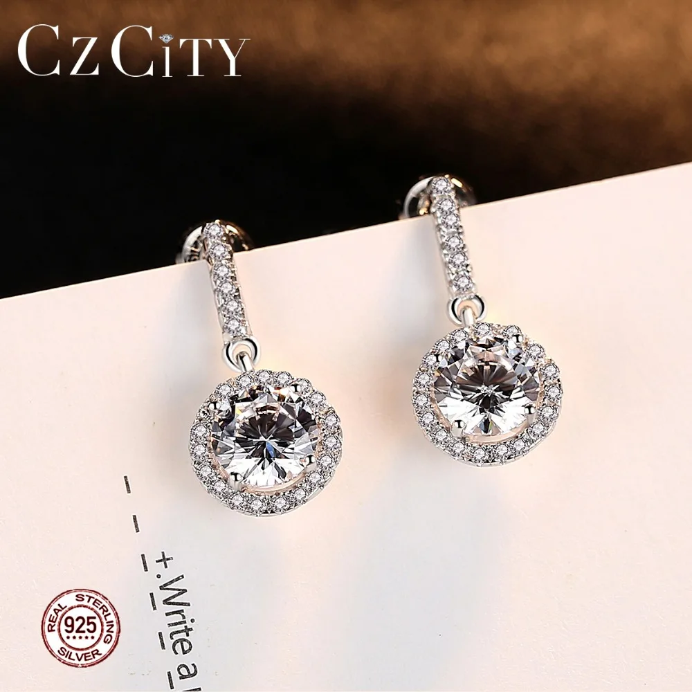 Czcity Циркон Настоящее серебро длинные Серьги для Для женщин серьги висячие 925