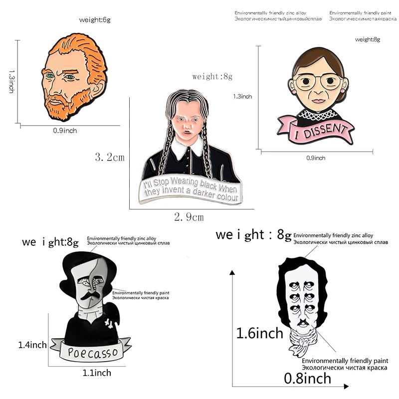 

Famous Figure Enamel Pin Painter Edgar Allan Poe Wednesday Addams Ruth Bader Ginsburg Brooch Clothes Lapel pin Cartoon Jewelry