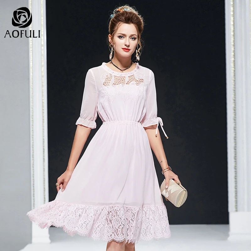 Женское платье средней длины S/M/L/2XL кружевное шифоновое с коротким рукавом