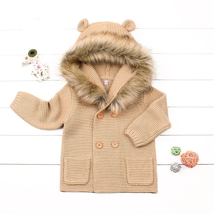 Newborn Winter Warm Baby Boys Knitted Sweater Jacket Hooded Fur Collar Infant Knitwear Cardigan Children Outwear Coat | Детская одежда