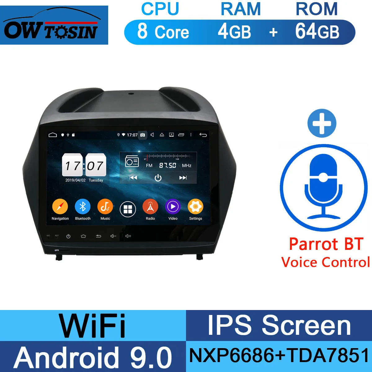 " ips 8 ядерный 4 Гб+ 64 ГБ Android 9,0 автомобильный DVD мультимедиа для hyundai Tucson IX35 Tucson 2 2010- радио gps DSP CarPlay Parrot BT - Цвет: 64G Parrot BT