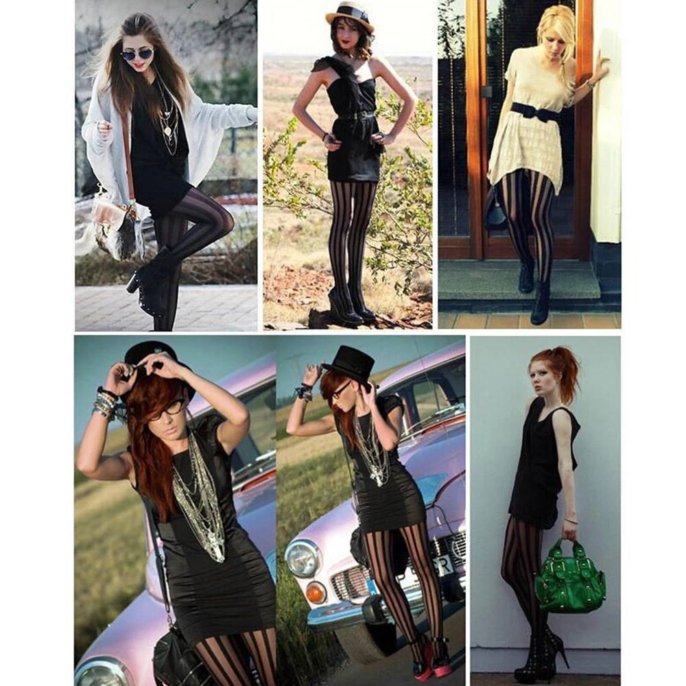 Пикантные черные колготки в Вертикальную Полоску готические стиле панк женские