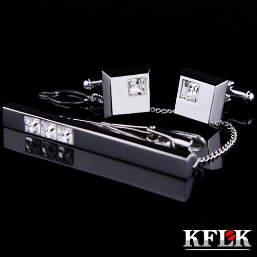 

KFLK Cuff links Good High Quality necktie clip for tie pin for men White Crystal tie bars cufflinks tie clip set guests