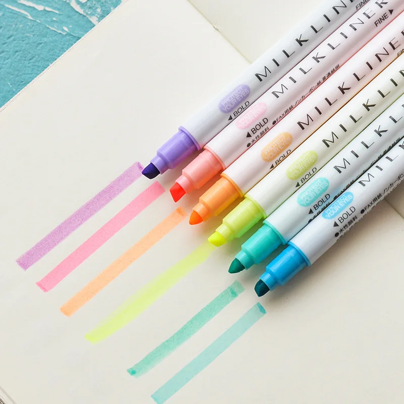 

4 set/Lot Mild 12 color Highlighter marker Dual side 3mm Bold 0.5mm Fine drawing pen Stationery Office School supplies A6103