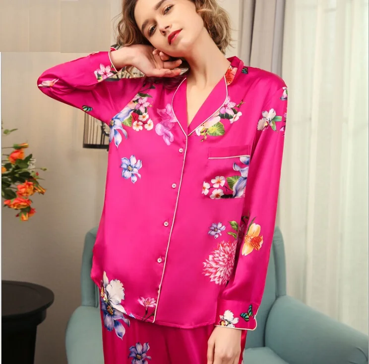 100% Silk Stain Pajamas Set Long Sleeve Women Flower Print 2019 Lady Red Silk Homewear Two Piece Pants Sets Sleepwear Clothing