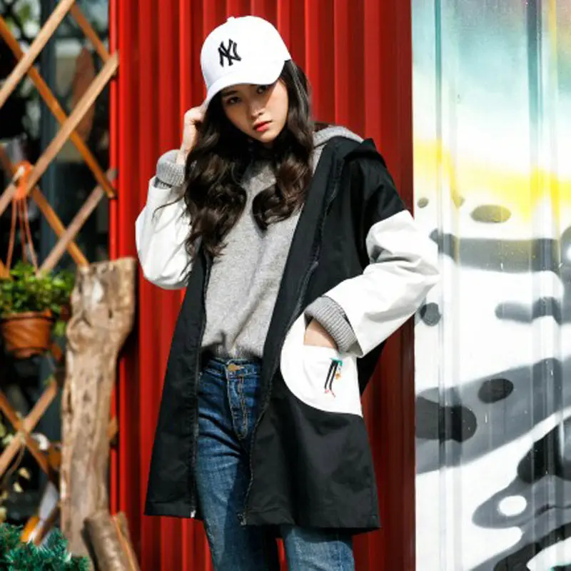 Женское пальто с мультяшным принтом Свободная Повседневная ветровка капюшоном в