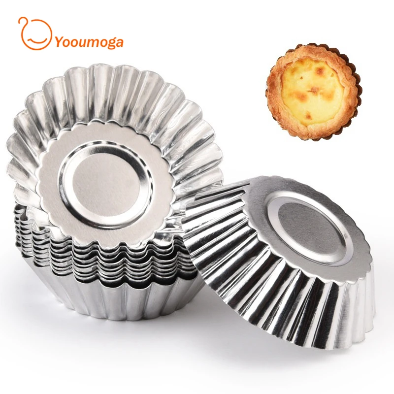 Формочки для яичных тартов (10 штук), переиспользуемые, из непригарающего алюминиевого сплава, с рифленой поверхностью, в форме цветов, для выпечки кексов, кексиков и тартлеток.