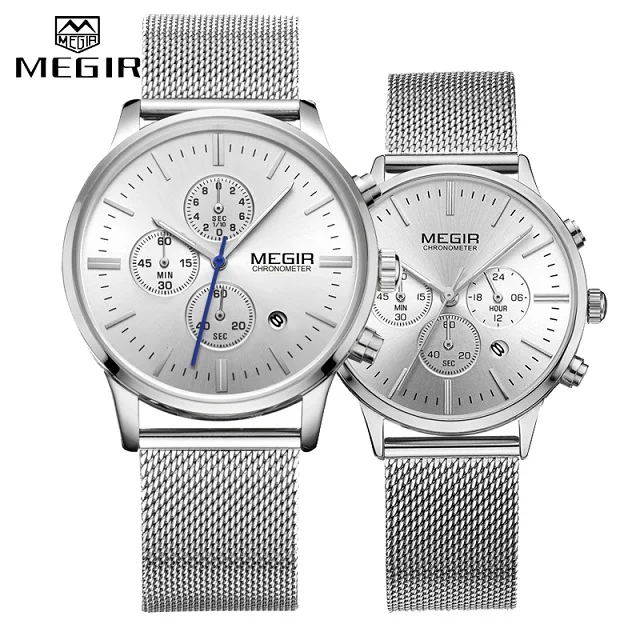 Silver MEGIR, мужские и женские часы, модный хронограф, повседневные, водонепроницаемые, тонкие, стальная сетка, кварцевые часы для мужчин и женщин, наручные часы, аналоговые - Цвет: Silver