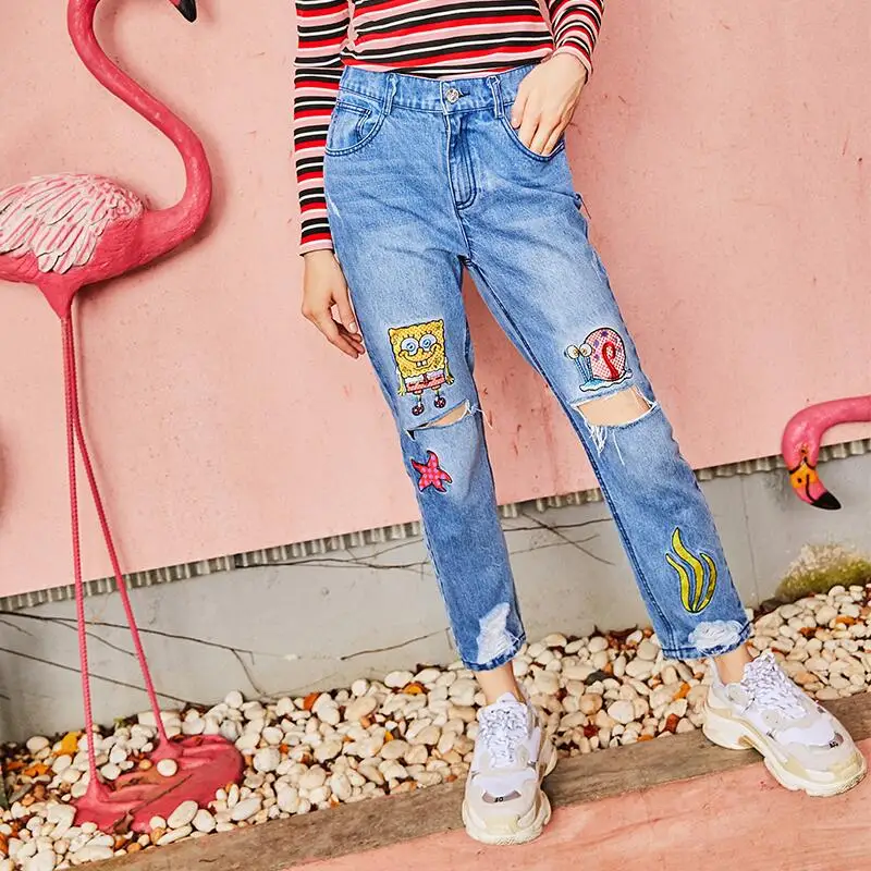 2019 сезон весна-лето рваные джинсы вышивка патч дизайн для женщин джинсовые штаны