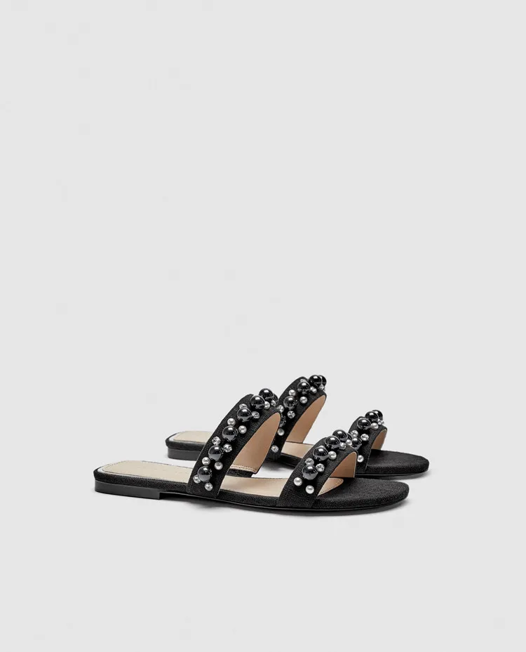 Women Slippers Summer Beach Pearl Shoes Solid Rubber Sole Outside Slides Comfortable Rhinestone bead | Обувь