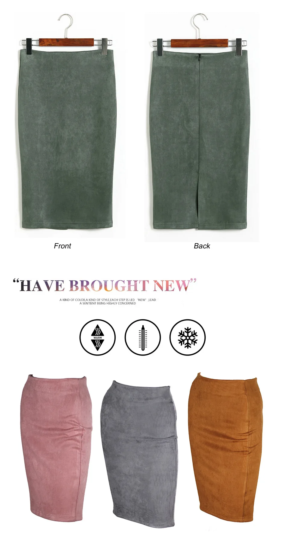 Super Deals Fashion Women Suede Solid Color Pencil Skirt Female Spring Autumn Basic High Waist Bodycon Split Knee Length Skirts
