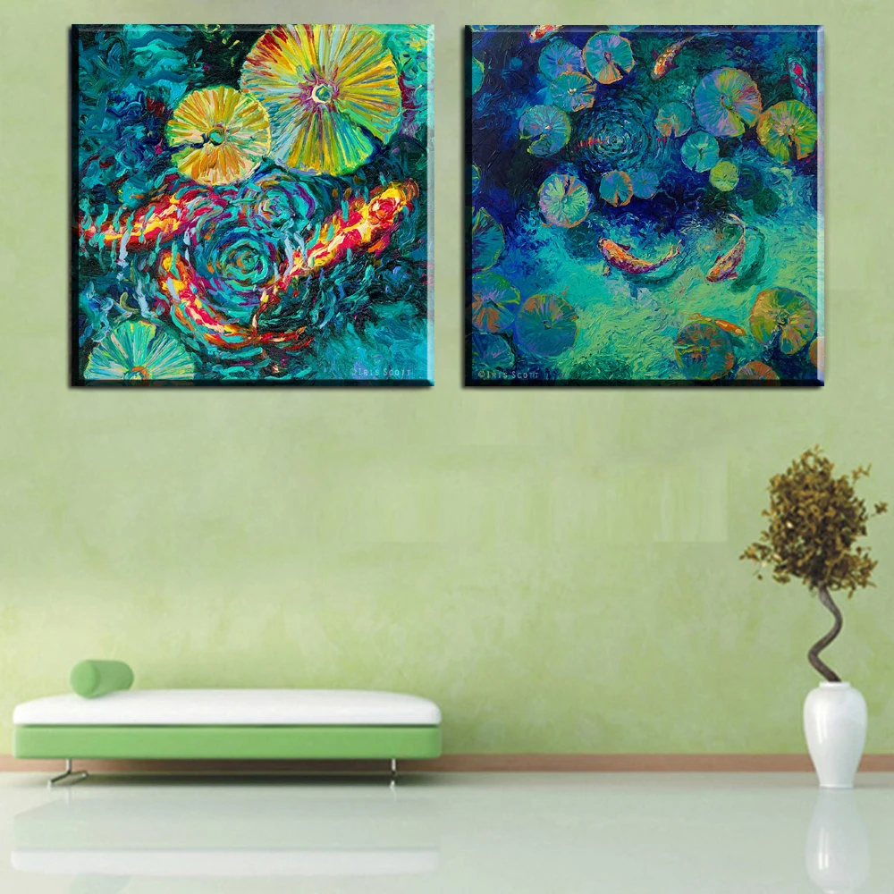 ZZ2208 2 шт. Печать на холсте абстрактная картина маслом Koi Fish Lotus плакат фэн шуй