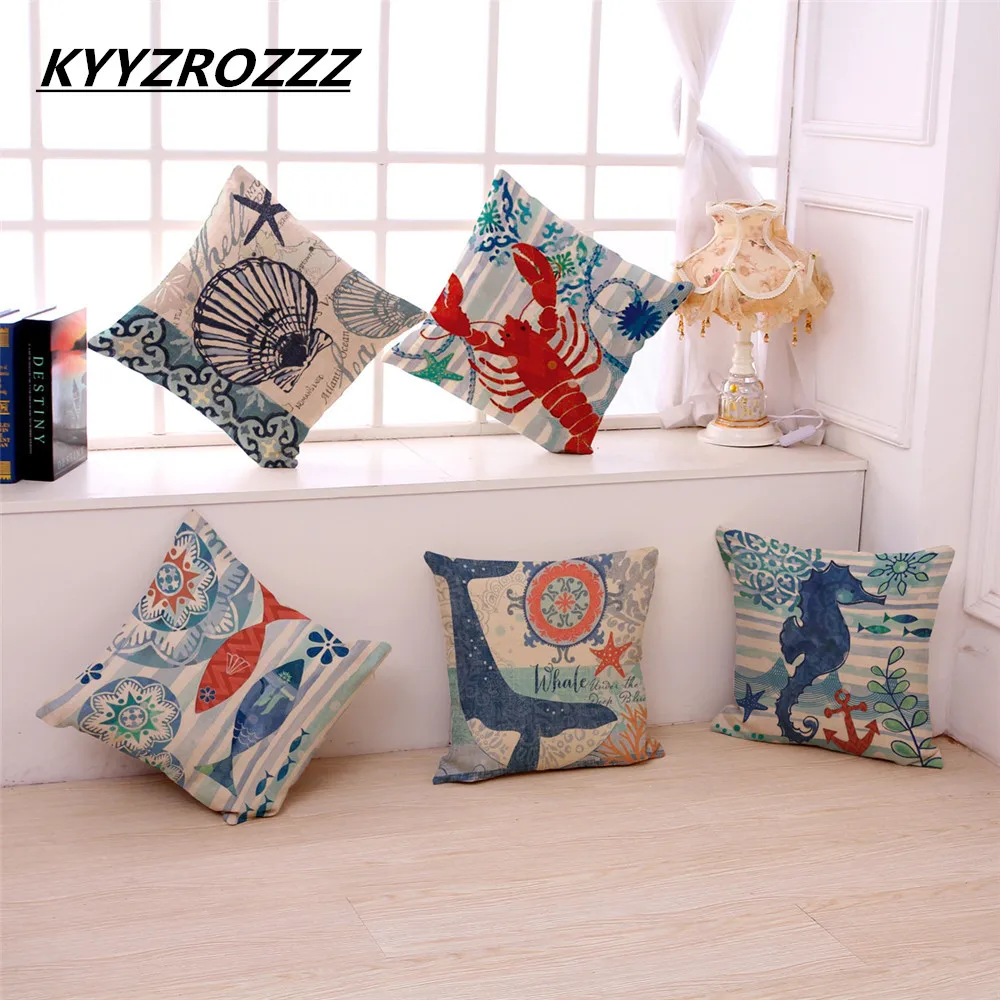 

Mediterranean Octopus Turtle Whale Seahorse Cushion Covers European Vintage Retro Sea Biology Cushion Cover Linen Pillow Case