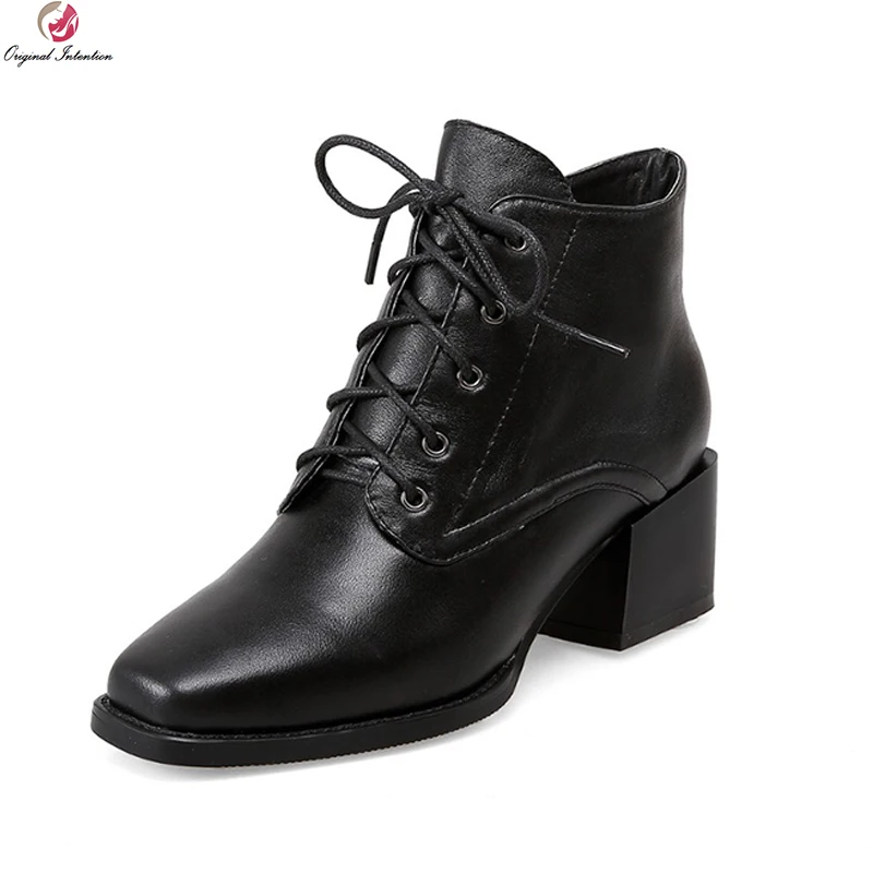 

Original Intention Elegant Women Ankle Boots Fashion Square Toe Square Heels Boots High-quality Black Shoes Woman US Size 4-10.5