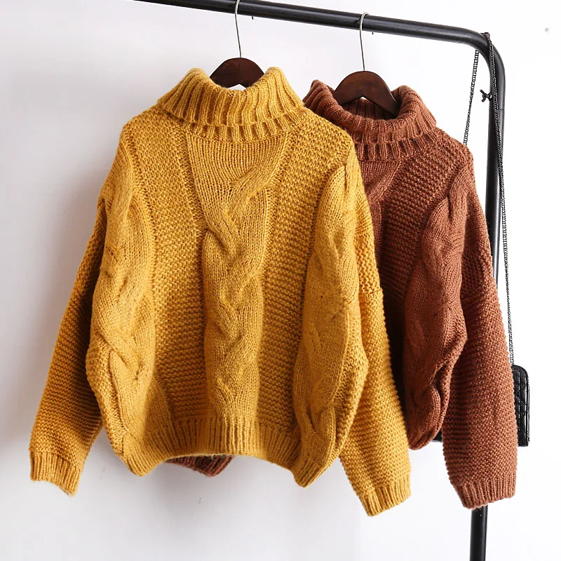 Sweaters Women's Autumn Winter Thickened Knits Korean Style Turtlenek Neck Short Wear Lazy Wind Pullover Tops Beige Brown | Женская