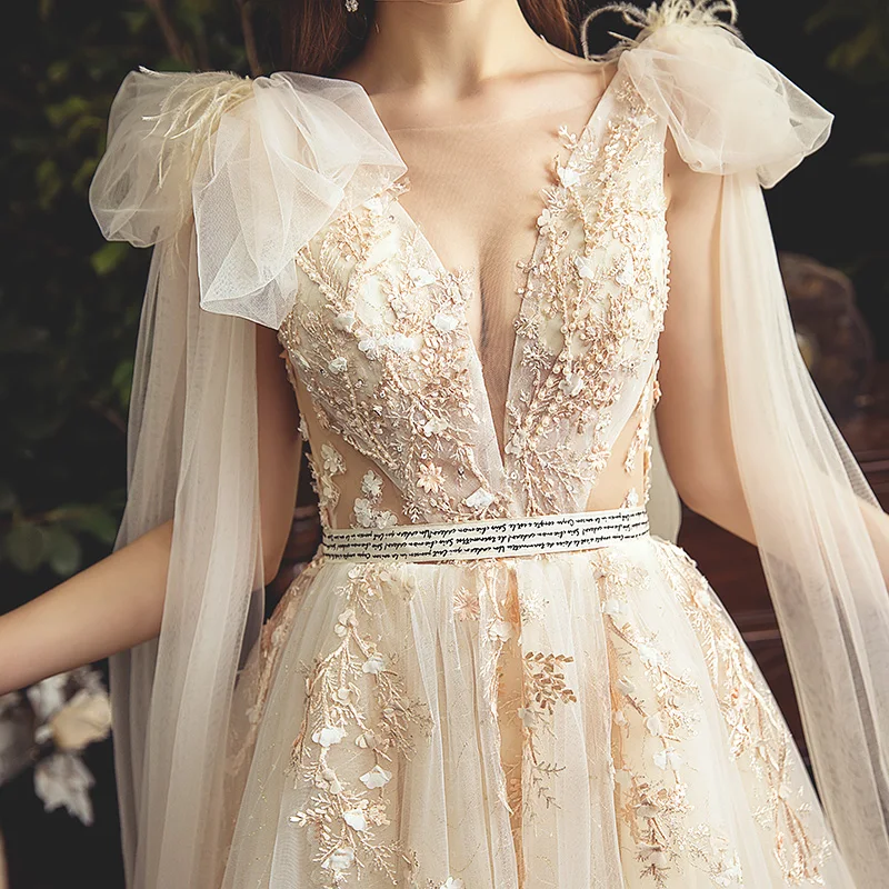 

SSYFashion New Luxury Evening Dress Bride Romantic Lace Lace Flower Beading Court Train Prom Formal Gown custom Vestido De Noiva