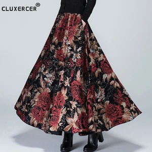 Женская длинная юбка с цветочным принтом, трапециевидная шерстяная юбка макси с высокой талией, с винтажным принтом, Осень-зима 2021