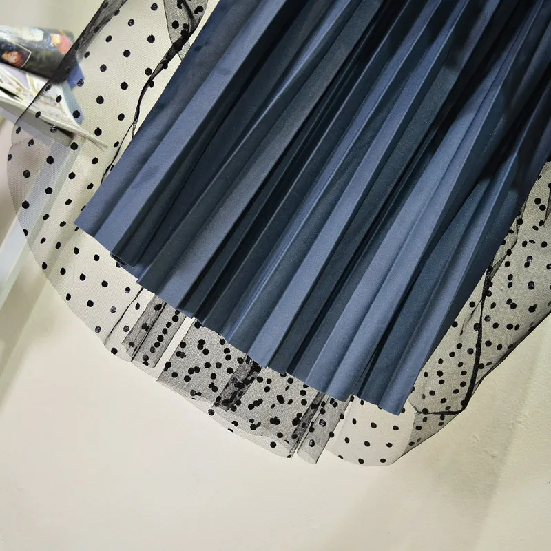 2019 Новое поступление в горошек тюль Сращивание Бархат плиссированная юбка