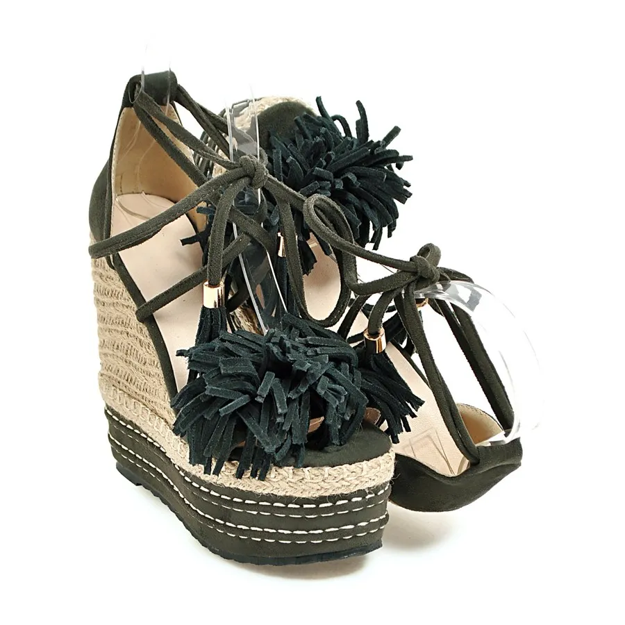

Sandals female 2019 new summer female students leather fringed wedges shoes cross straps thick grass straw cake women shoes