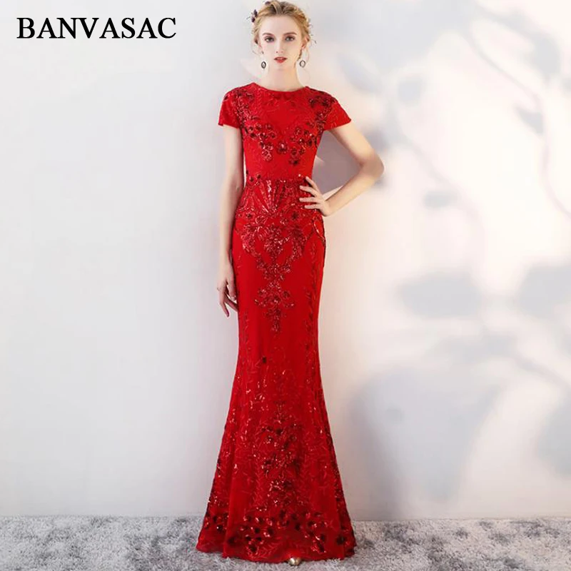 BANVASAC 2018 элегантные длинные вечерние платья русалки с круглым вырезом и блестками