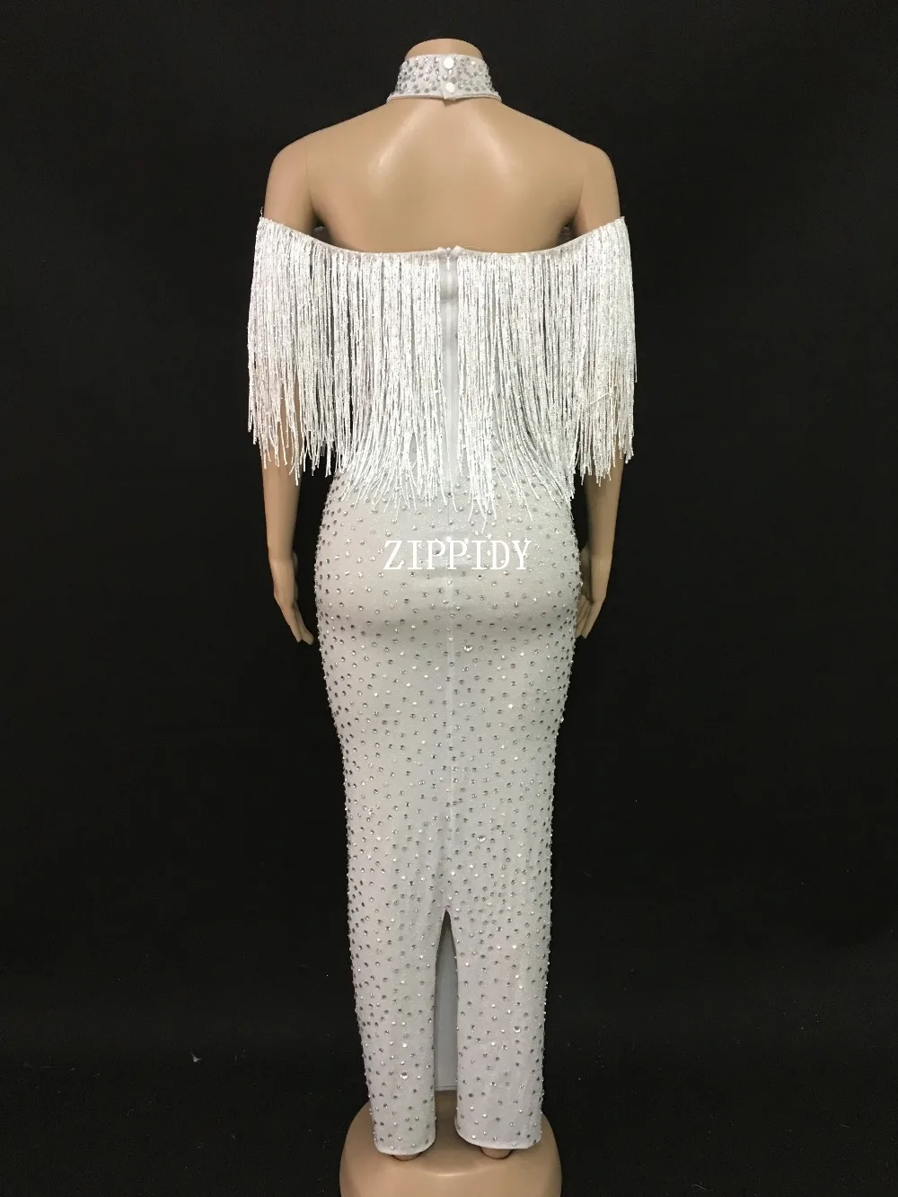Модное сексуальное серебристо белое платье со стразами и кисточками женское
