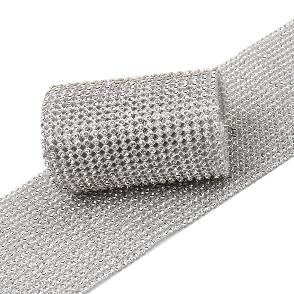 IBOWS 40cm Diamond Mesh Wrap Ribbon Bling Silver Rhinestone Mesh Roll Tape Tulle Crystal Ribbon Cake Wedding Decoration