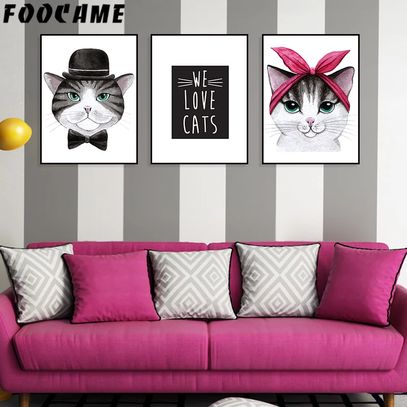 

Cartoon Cat Hat Animal Nordic Posters and Prints Wall Art Canvas Watercolor Painting Living Room Decoration Home Pictures