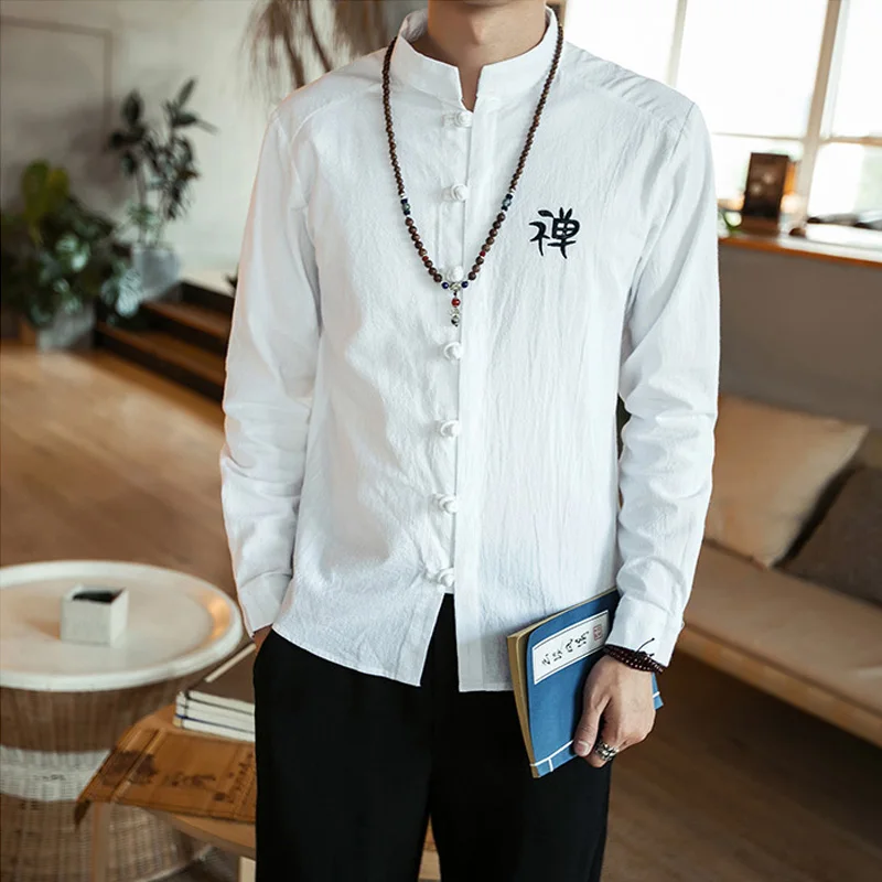 Льняные мужские рубашки с вышивкой Будды для мужчин хлопковая льняная длинная