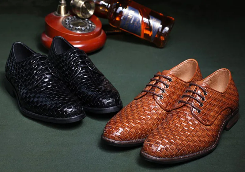 

2018 Knitted Leather Italian Oxfords For Man Black Brown Spring Autumn Wedding Evening Party Dress Lace Up Oxfords Shoes