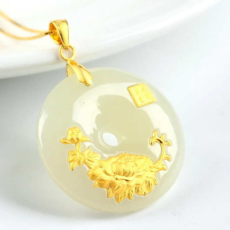 Кулон на пуговицах Hetian Jade ожерелье для влюбленных амулет удачу 24K золото оптовая