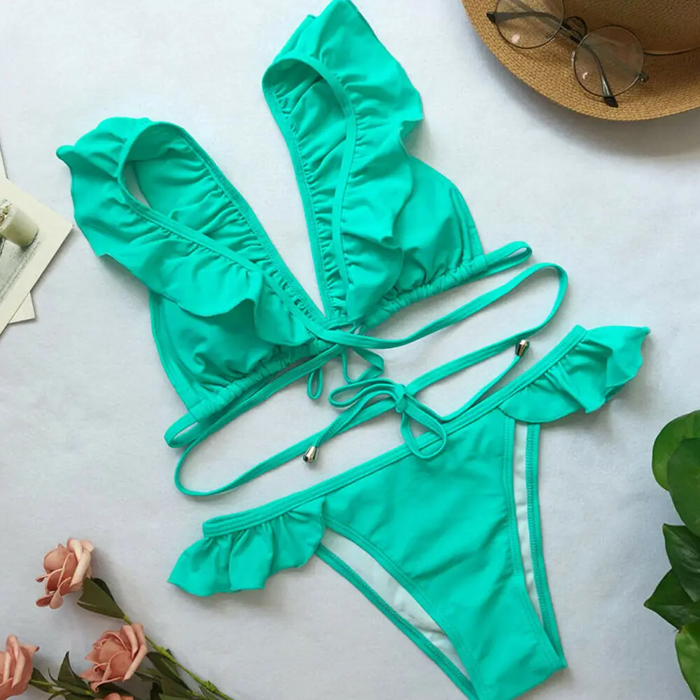 Bikini 2019 Sexy Bandage Swimsuit Solid Ruffle Thong Bikinis Women Backless Bathing Suit Girls Beachwear Female Biquini |