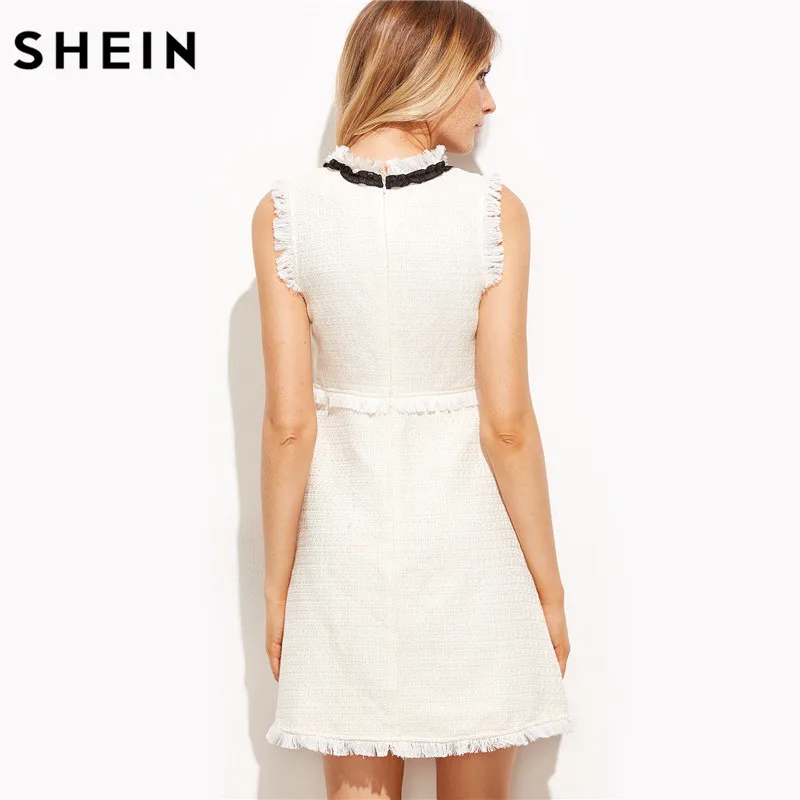 SHEIN Модное Платье С Бахромой И Завышенной Талией Элегантное Твидовое Платье Без Рукавов С Отделкой