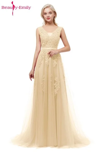 Robe De Soiree, сексуальное длинное вечернее платье с v-образным вырезом на спине, с аппликацией, высокое качество, без рукавов, вечерние платья для выпускного вечера, доступно много цветов - Цвет: Шампанское