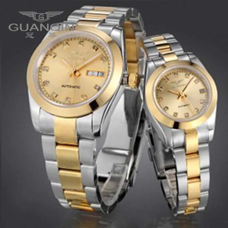 gold GUANQIN, роскошные часы для влюбленных,, Топ бренд, роскошные часы для пар, наручные часы, модные, водонепроницаемые, для мужчин и женщин, наручные часы - Цвет: gold