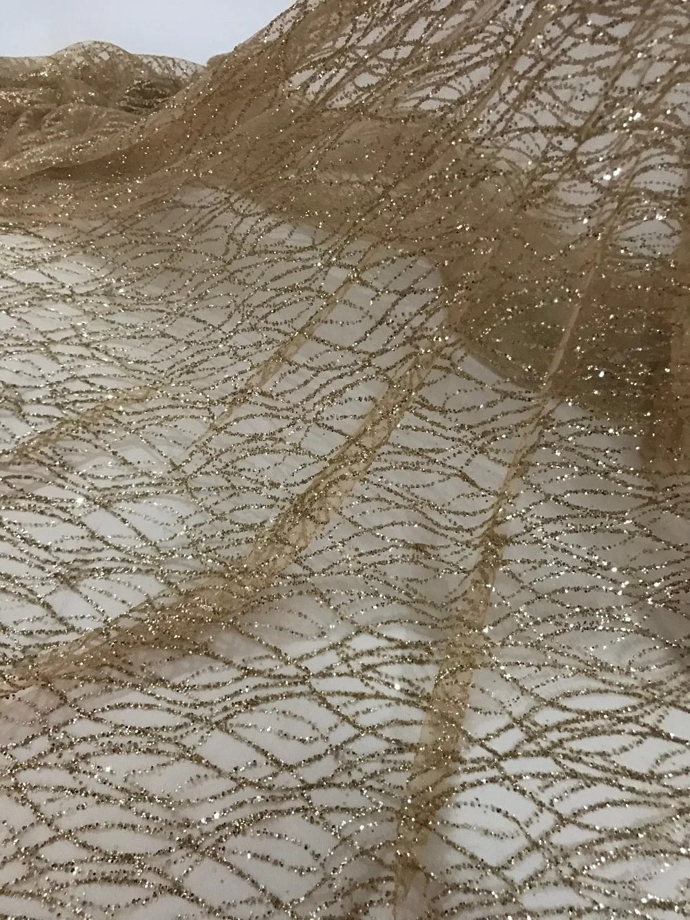 Склеенный блестящий золотой цвет африканская тюль сетка ткань с блестящими - Фото №1