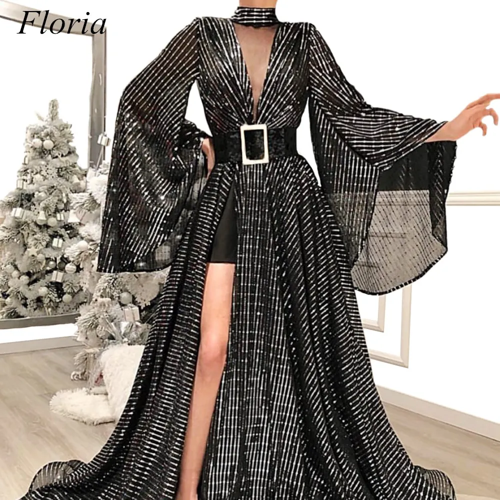 Длинное вечернее платье в Дубае А силуэта с длинным рукавом и глубоким вырезом