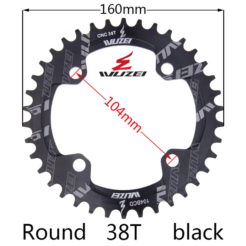 BLACK 38T ROUND Велосипедная круглая узкая широкая Звездочка WUZEI 32 T/34 T/36 T/38 T 104BCD, велосипедная звездочка, однопластинчатая звездочка - Цвет: BLACK 38T ROUND