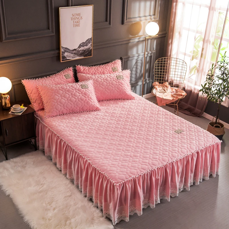 Russian size 160X200cm Plush Warm Bedskirt Bed set Flannel Fleece Quilted Ruffled Lace Girls with Small White Ball cover | Дом и сад