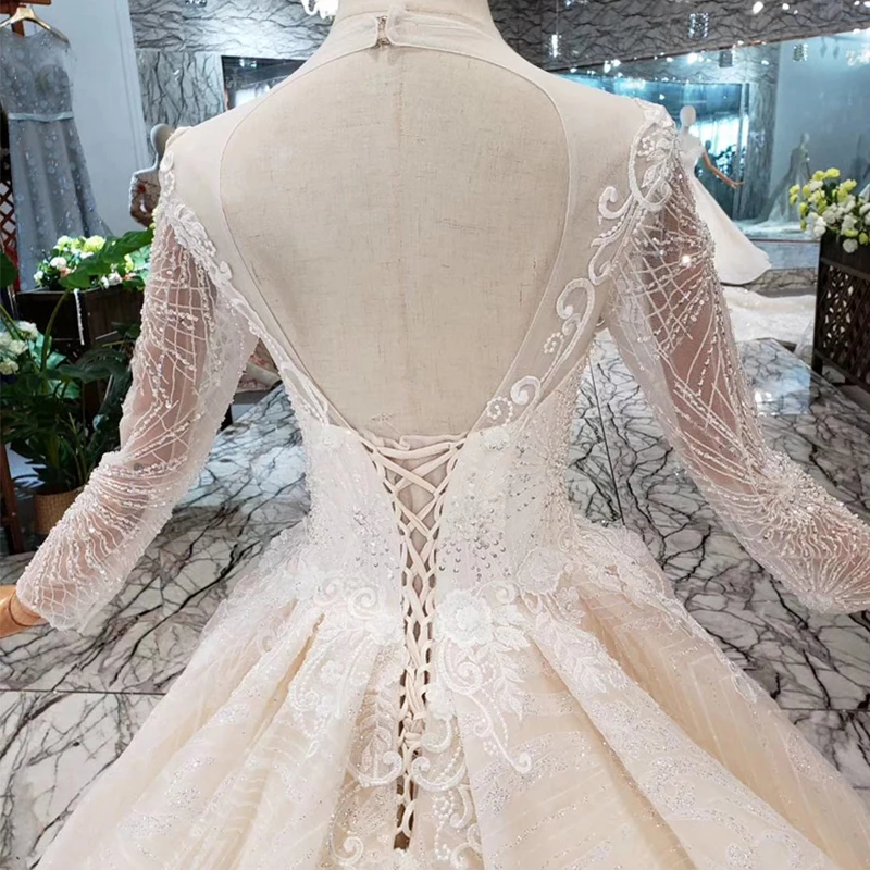 

HTL212 Simple boho wedding dress with long sleeve o-neck backless lace bridal dress wedding gown with train robe de mariage 2020