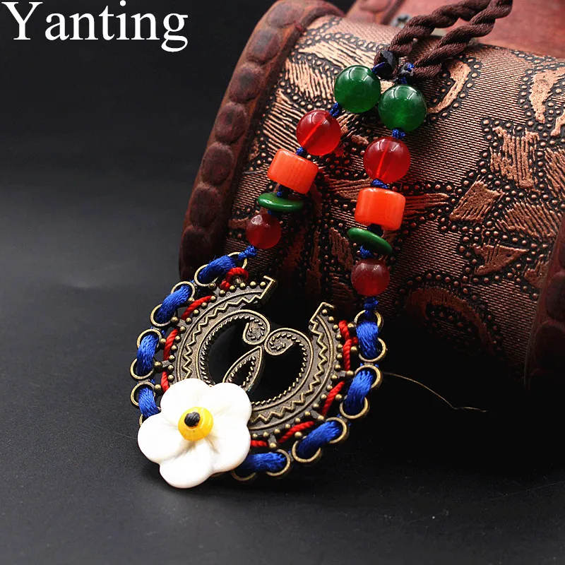Yanting Peace Buckle Choker Necklace For Women Ethnic Hand Knitted Short Pendant Vintage Jewelry Shell Flower 0134 | Украшения и