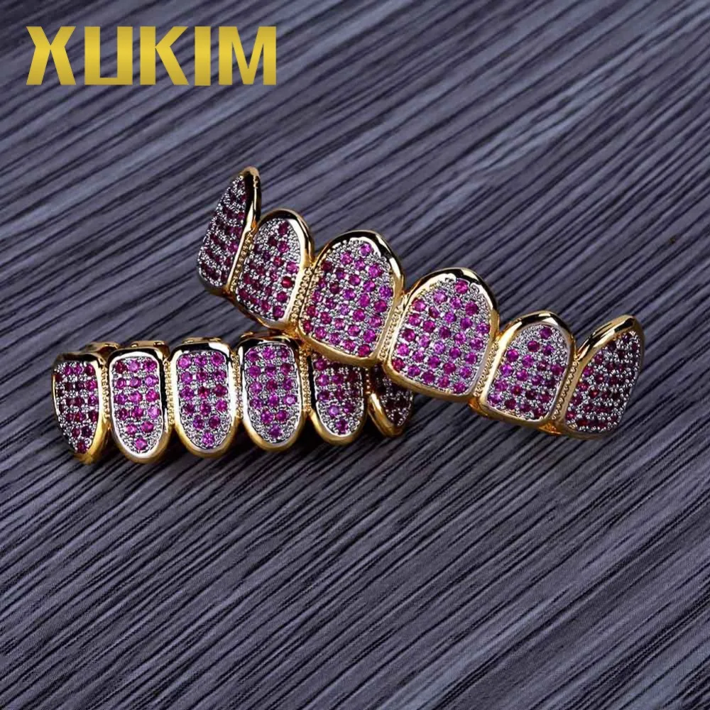 Xukim ювелирные изделия Хип хоп Золото Цвет Розовый зубы грилз Топ и низ гриля клыки
