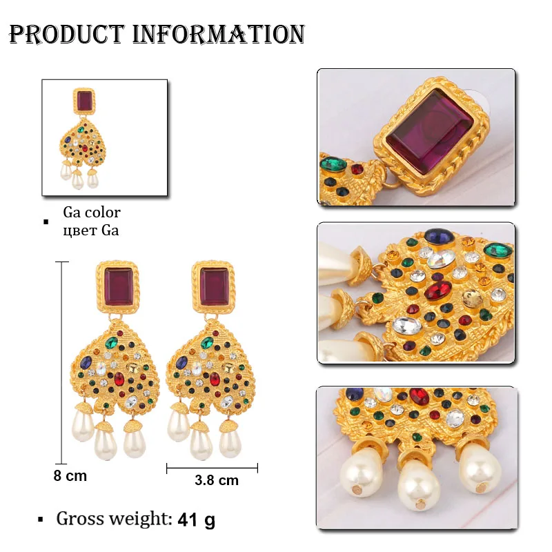 

LEADERBEADS ZA Vintage Gold Heart Simulated-Pearl Dangle Earrings Luxury Multicolor Crystal Drop Earrings Women's Accessories