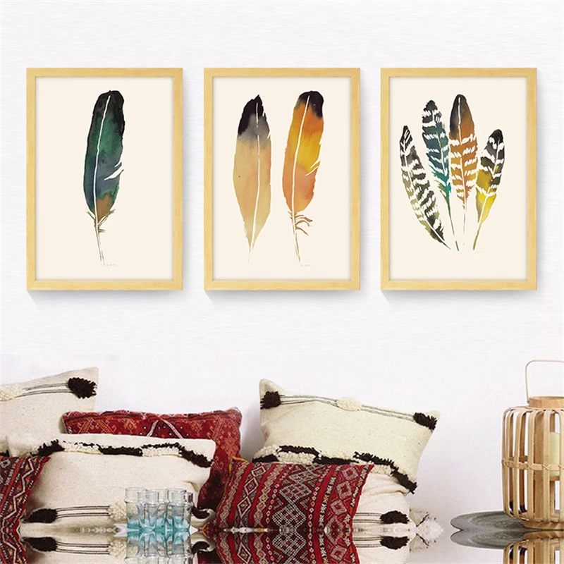 Colorful Feather Nordic Modern Floating Lightly in the Air Canvas Painting Art Print Poster Living Dining Room Decoration | Дом и сад