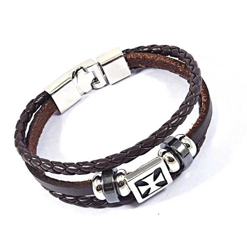 Модные черные коричневые винтажные кожаные браслеты готические бусины Крест