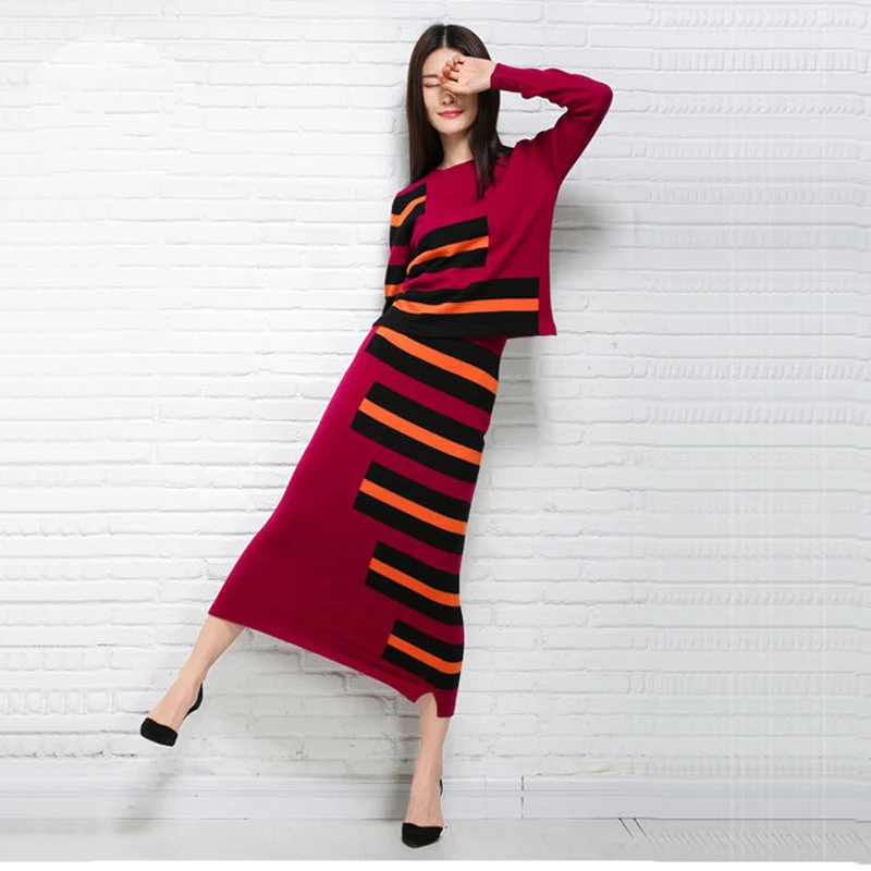 2019 женское осенне весеннее кашемировое платье в полоску стильное длинное с